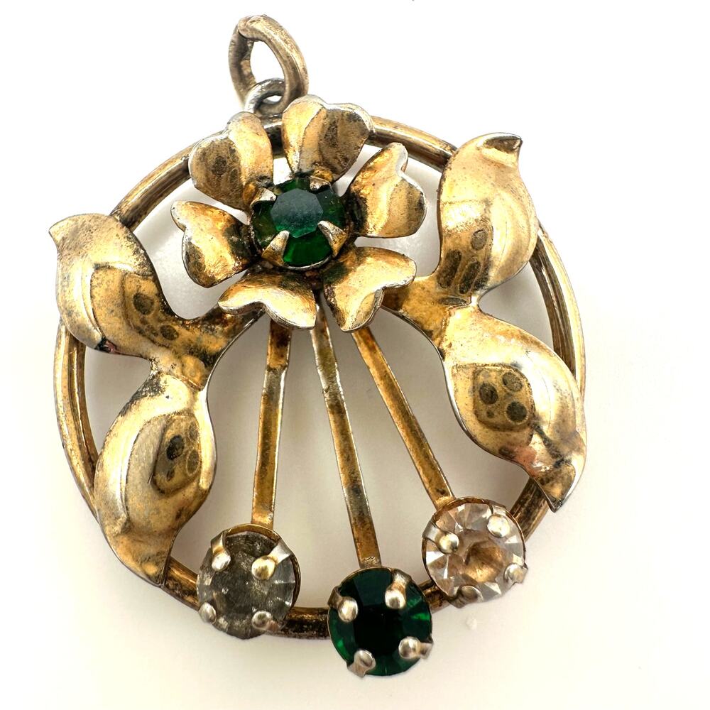 Leo Glass vintage sterling silver gold vermeil green clear rhinestones pendant